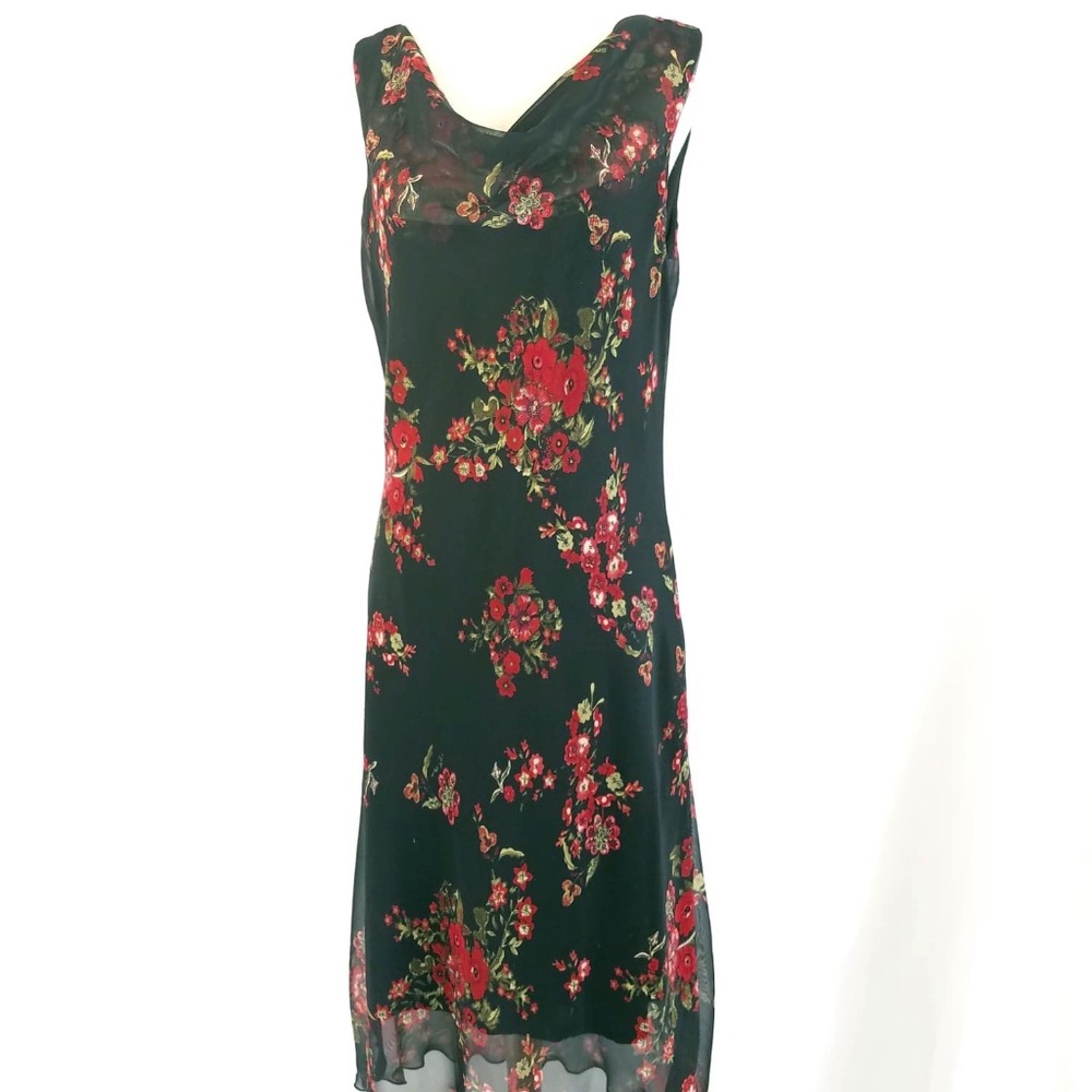 Meghan Matthews Dress Women's Size 10 Black Red Midi Cowl Neck Floral Hi-low